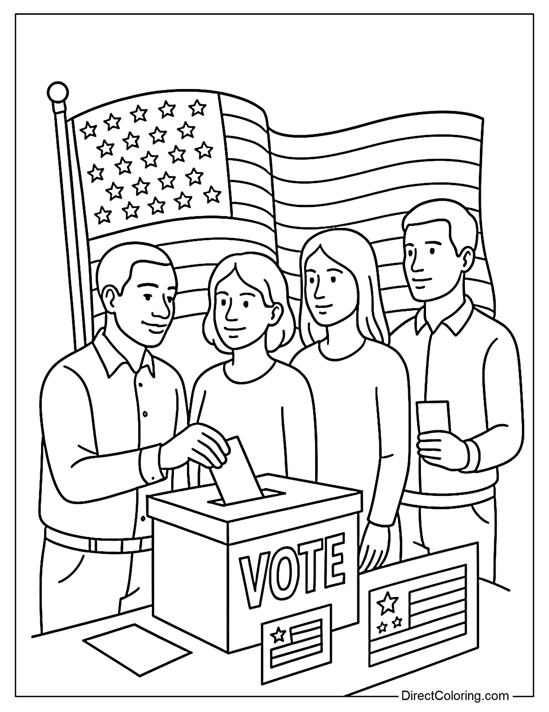 Coloring page of people lining up to vote, with ballot boxes and American flag symbols.